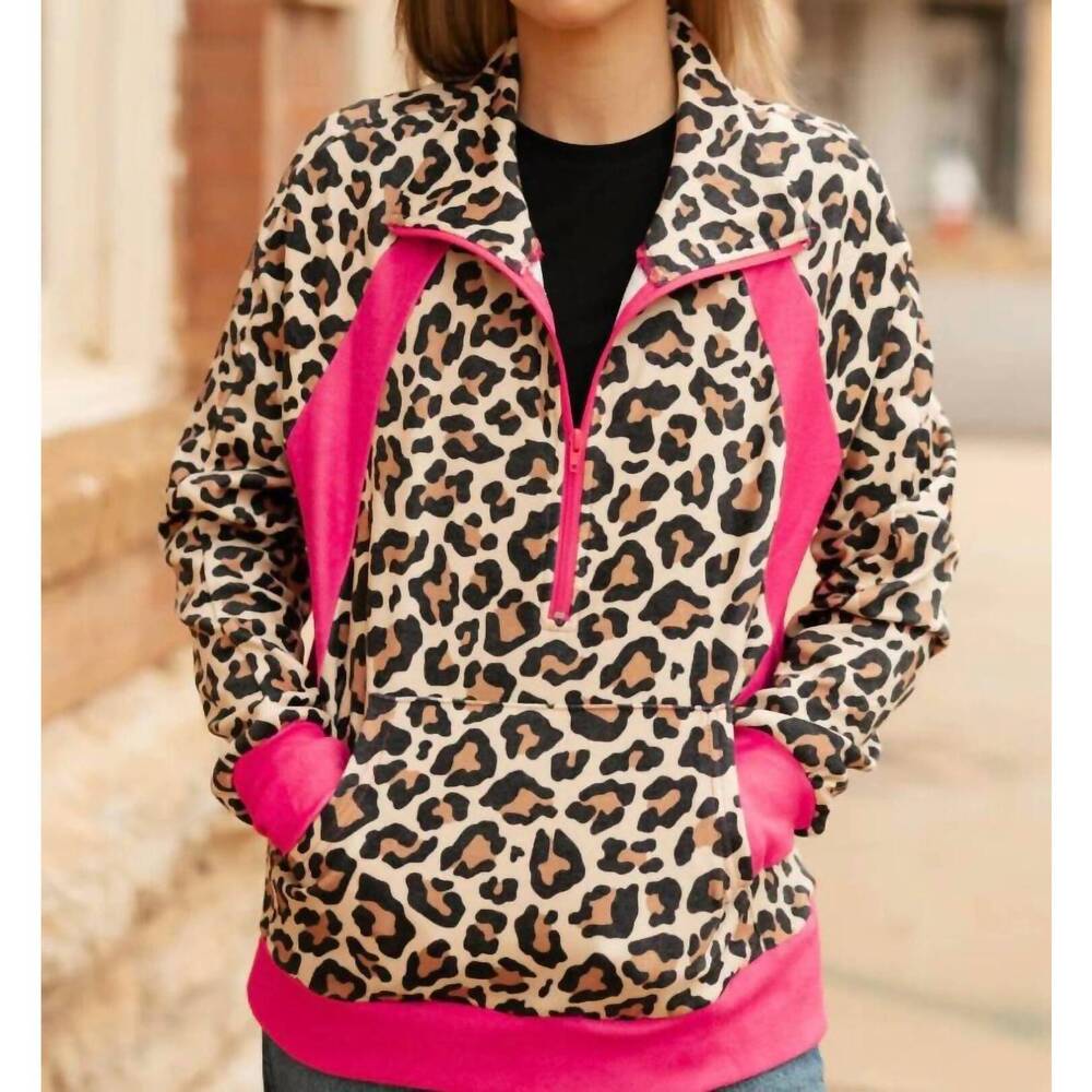 NEW STERLING KREEK quarter zip pullover in pink and leopard